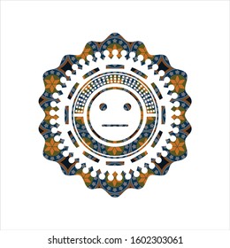 serious face icon inside arabic badge background. Arabesque decoration.