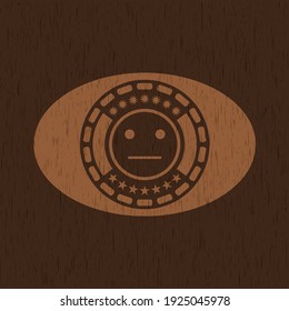 serious face icon inside badge with wooden background. 