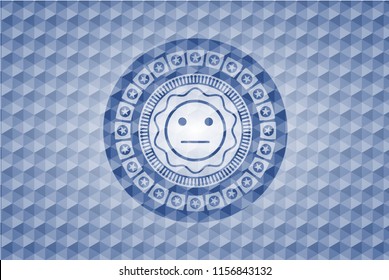 serious face icon inside blue emblem or badge with abstract geometric polygonal pattern background.