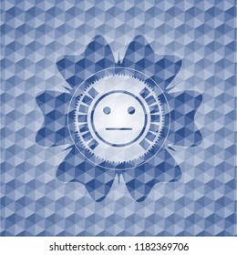 serious face icon inside blue hexagon emblem.