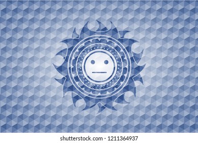 serious face icon inside blue emblem or badge with geometric pattern background.