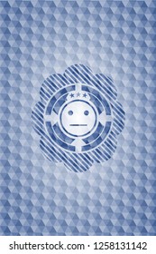 serious face icon inside blue badge with geometric background.