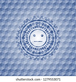 serious face icon inside blue emblem or badge with geometric pattern background.