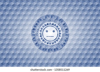 serious face icon inside blue polygonal emblem.