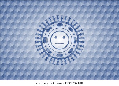 serious face icon inside blue emblem or badge with abstract geometric pattern background.