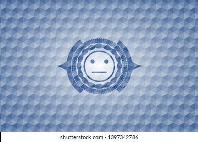 serious face icon inside blue hexagon badge.