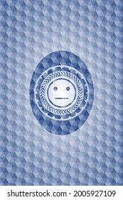 serious face icon inside blue emblem or badge with abstract geometric polygonal pattern background. 