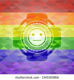 serious face icon inside emblem on mosaic background with the colors of the LGBT flag