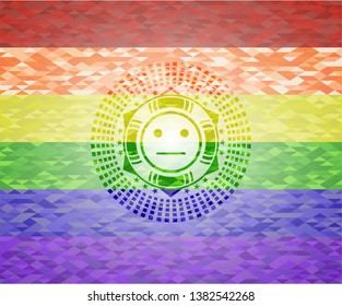 serious face icon inside emblem on mosaic background with the colors of the LGBT flag