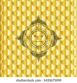 serious face icon inside gold badge or emblem. Scales pattern. Vector Illustration. Detailed.