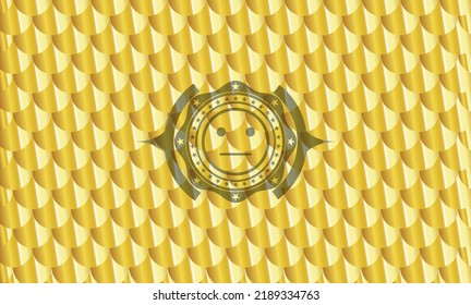 serious face icon inside gold emblem. Scales pattern. Vector Illustration. Detailed. 
