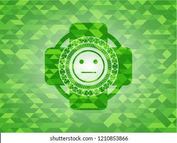 serious face icon inside green emblem with mosaic ecological style background