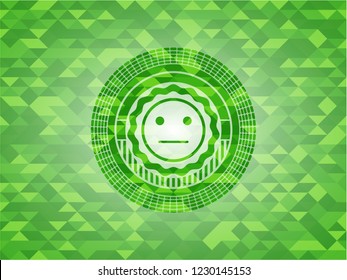 serious face icon inside green emblem with mosaic background