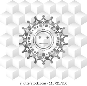 serious face icon inside grey badge with geometric cube white background