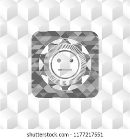 serious face icon inside grey emblem. Retro with geometric cube white background