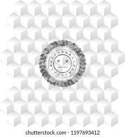 serious face icon inside grey emblem. Retro with geometric cube white background