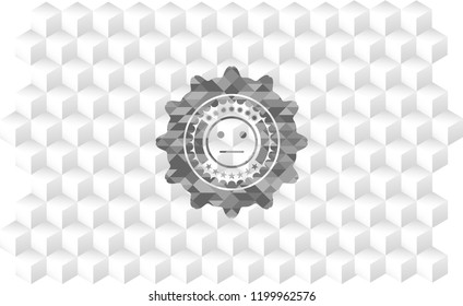 serious face icon inside grey emblem. Vintage with geometric cube white background