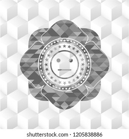 serious face icon inside grey emblem with geometric cube white background