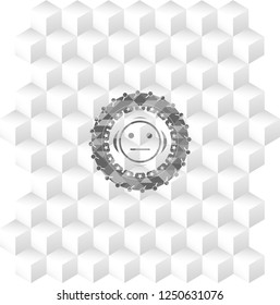 serious face icon inside grey emblem with cube white background
