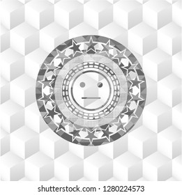serious face icon inside grey badge with geometric cube white background