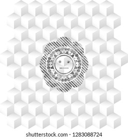 serious face icon inside grey badge with geometric cube white background