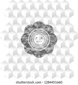 serious face icon inside grey emblem. Retro with geometric cube white background