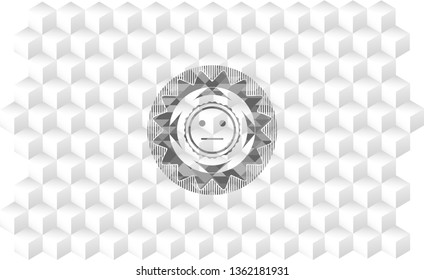 serious face icon inside grey emblem with geometric cube white background