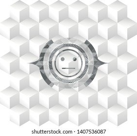 serious face icon inside grey emblem. Vintage with geometric cube white background