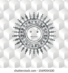 serious face icon inside grey badge with geometric cube white background