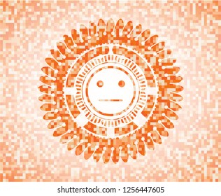 serious face icon inside orange tile background illustration. Square geometric mosaic seamless pattern with emblem inside.