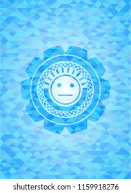 serious face icon inside realistic light blue emblem. Mosaic background