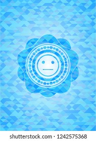 serious face icon inside realistic sky blue mosaic emblem