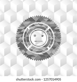 serious face icon inside realistic grey emblem with cube white background