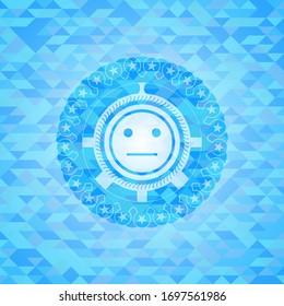 serious face icon inside realistic sky blue emblem. Mosaic background