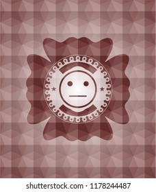 serious face icon inside red seamless badge with geometric pattern background.