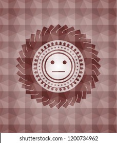 serious face icon inside red emblem with geometric pattern background. Seamless.