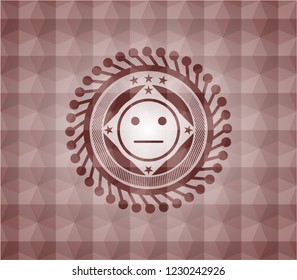 serious face icon inside red polygonal badge. Seamless.