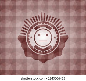 serious face icon inside red emblem or badge with abstract geometric polygonal pattern background. Seamless.