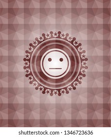 serious face icon inside red emblem or badge with geometric pattern background. Seamless.