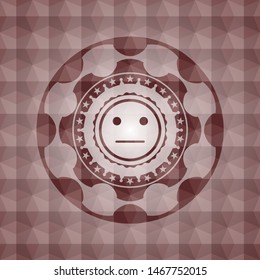 serious face icon inside red emblem with geometric pattern background. Seamless.