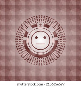 serious face icon inside red polygonal badge. Seamless. 