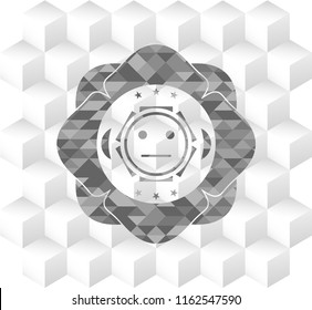 serious face icon inside retro style grey emblem with geometric cube white background