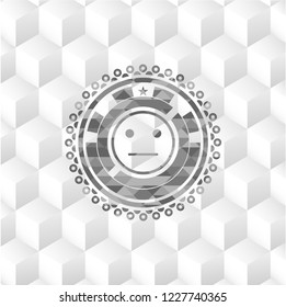 serious face icon inside retro style grey emblem with geometric cube white background
