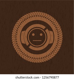 serious face icon inside retro style wooden emblem
