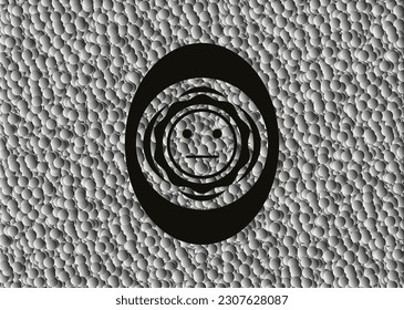 icono de cara seria dentro del emblema negro estilo retro con fondo de burbujas grises. Ilustración vectorial. Detallado. 