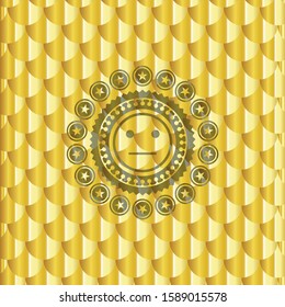 serious face icon inside shiny golden badge. Scales pattern. Vector Illustration. Detailed.