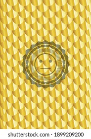 serious face icon inside shiny golden badge. Scales pattern. Vector Illustration. Detailed. 