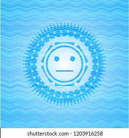 serious face icon inside sky blue water emblem background.