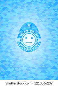 serious face icon inside sky blue emblem with triangle mosaic background