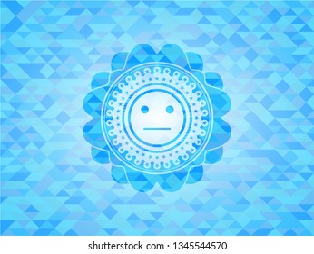serious face icon inside sky blue emblem with triangle mosaic background